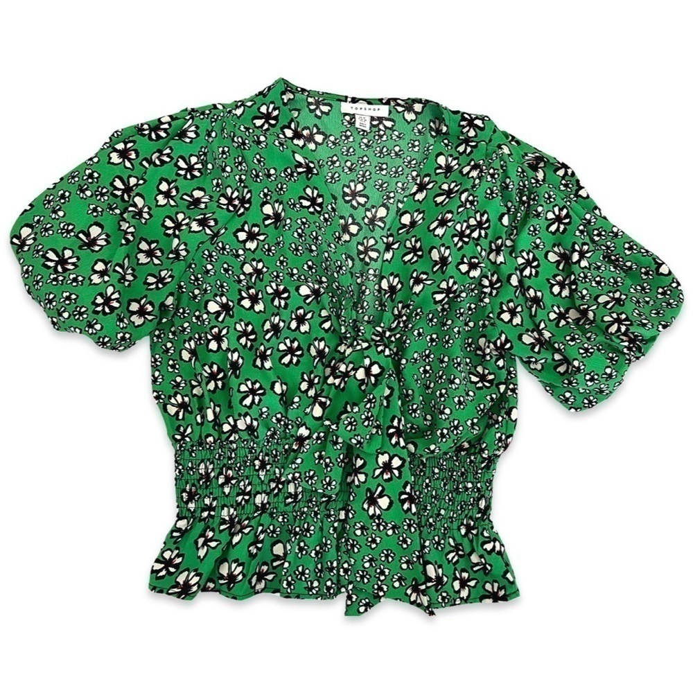 Topshop Green Floral Top Tie Front Peplum Top V-Neck - Picture 8 of 9